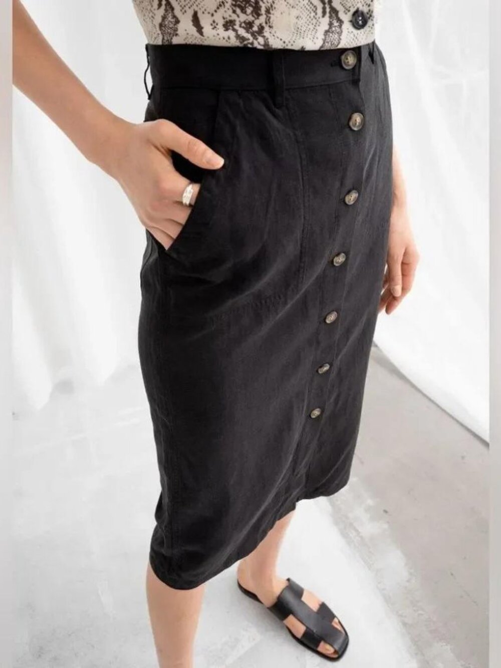 & Other Stories buttoned cargo midi skirt black lyocell linen cotton straight